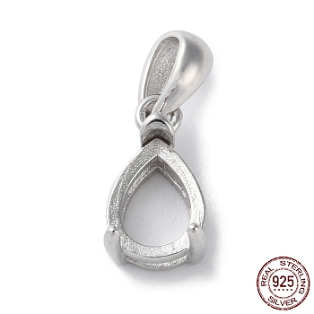 Rhodium Plated Rack Plating 925 Sterling Silver Pendants Cabochon Settings, Teardrop Prong Basket Setting, with 925 Stamp, Real Platinum Plated, 16x6x5mm, Hole: 3x5mm
