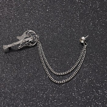 British Style Alloy Crystal Rhinestone Hanging Chain Brooch, Platinum, Guitar, 140mm