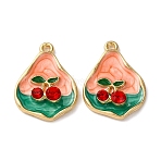 Light Gold Tone Alloy Enamel Pendants, Cherry Charms, with Rhinestone, Rack Plating, Teardrop, 24x17x4.5mm, Hole: 1.6mm(ENAM-B028-33KCG-03)