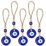 5Pcs Handmade Evil Eye Lampwork & Wood Hanging Ornaments, Flat Round & Cube, with Jute Cord, Blue, 167mm(HJEW-ME00121)