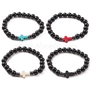 Natural Wood & Synthetic Turquoise & Hematite Corss Beaded Stretch Bracelet, Mixed Color, Inner Diameter: 2-1/4 inch(5.8cm)(BJEW-JB09622)