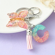 Resin & Acrylic Keychains, with Alloy Split Key Rings and Faux Suede Tassel Pendants, Letter & Butterfly, Letter C, 8.6cm(KEYC-YW00002-03)