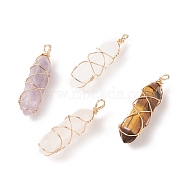 Natural & Synthetic Mixed Stone Double Terminal Pointed Pendants, Bullet Charm, with Copper Wire Wrapped, Real 18K Gold Plated, 37.5x11x11mm, Hole: 2.5mm(PALLOY-JF01743-01)