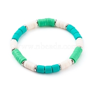 Handmade Polymer Clay Heishi Beaded Stretch Bracelets, with Brass Beads, Column, Platinum, Green, Inner Diameter: 2-1/8 inch(5.3cm)(BJEW-JB06144-02)