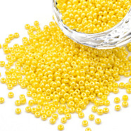 12/0 Czech Opaque Glass Seed Beads, Lustered, Round, Yellow, 2x1mm, Hole: 0.7mm, about 500g/bag(SEED-N004-003C-21)