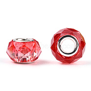 Transparent Resin European Beads, Imitation Crystal, Two-Tone Large Hole Beads, with Silver Tone Brass Double Cores, Faceted, Rondelle, Red, 14x8.5mm, Hole: 5mm(RPDL-T003-08H)