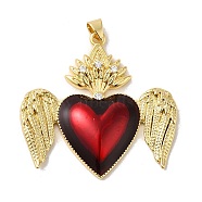Rack Plating Brass Micro Pave Cubic Zirconia with Epoxy Resin Pendants, Cadmium Free & Lead Free, Real 18K Gold Plated, Long-Lasting Plated, Heart with Wing, Red, 37x38x5.5mm, Hole: 3mm(KK-P241-41G)