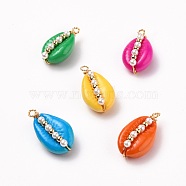 Spray Painted Natural Cowrie Shell Pendants, with Copper Wire, Round Shell Pearl Beads and Brass Beads, Mixed Color, 25~27x14~15x9.5~10mm, Hole: 2.5mm(PALLOY-JF00525)