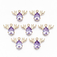 Brass Glass Rhinestone Pendants, Long-Lasting Plated, Cadmium Free & Lead Free, Christmas Reindeer/Stag, for Christmas, Light Gold, Violet, 15x20x5mm, Hole: 1.5mm(GLAA-S179-24C-RS)