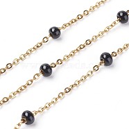 Ion Plating(IP) 304 Stainless Steel Cable Chains, with Beads, Enamel and Spool, Soldered, Flat Oval , Black, 4.9x3.4mm, about 32.8 Feet(10m)/roll(CHS-P008-A02-G)