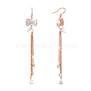SHEGRACE Brass Dangle Earrings, with Grade AAA Cubic Zirconia and Coreana Chains, Bowknot, Rose Gold, 91mm(JE807A)