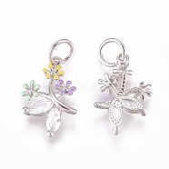 Brass Charms, with Micro Pave Cubic Zirconia, Enamel and Jump Rings, Flower, Colorful, Platinum, 15.5x10x3mm, Hole: 3.2mm(ZIRC-L070-83P)