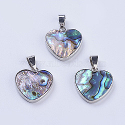 Abalone Shell/Paua Shell Pendants, with Platinum Tone Brass Bail, Heart, Platinum, 25x21.5x3.5mm, Hole: 4.5x7.5mm(X-SSHEL-L008-03P)