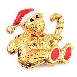 Christmas Theme Enamel Pins, Alloy Rhinestone Brooches for Backpack Clothes, Snowman with Candy Cane, Golden, 37.5x39mm(JEWB-S022-04B-G)