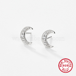 Anti-Tarnish Rhodium Plated Moon Shape 925 Sterling Silver Cubic Zirconia Stud Earrings for Women, Platinum, 12.3x10mm(UK6907-4)