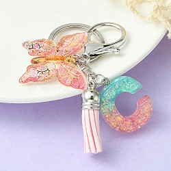 Resin & Acrylic Keychains, with Alloy Split Key Rings and Faux Suede Tassel Pendants, Letter & Butterfly, Random Gradient Color, Letter C, 8.6cm(KEYC-YW00002-03)