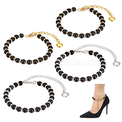 Elite 4Pcs 2 Colors Round Resin Imitation Pearl Anti-Loose High Heel Shoelaces, with Alloy End Chains, Heart Tag, Black, 22.2~22.5cm, 2pcs/color(AJEW-PH0011-56B)