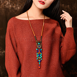 Ethnic Style Synthetic Turquoise & Natural Red Jasper & Natural Yellow Agate Teardrop Tassel Pendant Necklaces, Cowhide Cord Necklaces, 35.43 inch(90cm)(FS-WG6AE62-01)