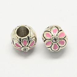 Alloy Rhinestone Enamel Style European Beads, Large Hole Round Beads with Flower, Pink, 10x9mm, Hole: 4.5mm(MPDL-R036-16A)