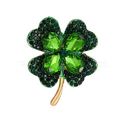 Clover Alloy Rhinestone Lapel Pins for Backpack Clothes, Emerald, 41.5x46mm(X-JEWB-H032-02G)