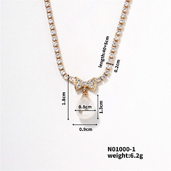 Elegant Pearl Pendant with Shiny Diamond Chain Necklace Jewelry for Women, 15.75 inch(40cm)