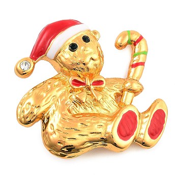 Christmas Theme Enamel Pins, Alloy Rhinestone Brooches for Backpack Clothes, Snowman with Candy Cane, Golden, 37.5x39mm