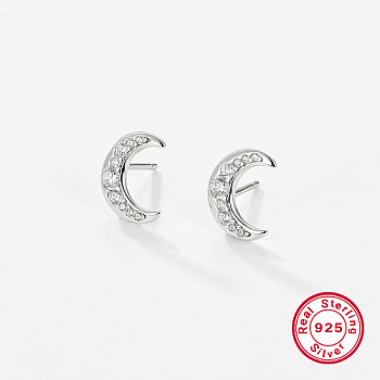 Rhodium Plated Moon Shape 925 Sterling Silver Cubic Zirconia Stud Earrings for Women, Platinum, 12.3x10mm