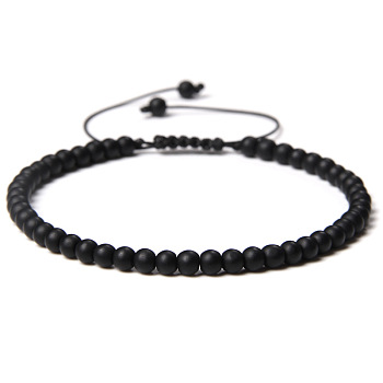 4mm Natural Black Agate Beaded Braided Bracelets, Adjustable Women's Bracelets, 