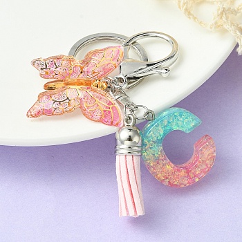 Resin & Acrylic Keychains, with Alloy Split Key Rings and Faux Suede Tassel Pendants, Letter & Butterfly, Letter C, 8.6cm