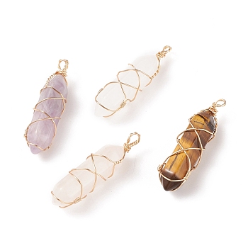Natural & Synthetic Mixed Stone Double Terminal Pointed Pendants, Bullet Charm, with Copper Wire Wrapped, Real 18K Gold Plated, 37.5x11x11mm, Hole: 2.5mm