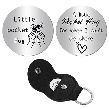 1Pc Stainless Steel Commemorative Coins, Pocket Hug Coin, Inspirational Quote Coin, Flat Round, Stainless Steel Color, with 1Pc PU Leather Guitar Clip, Heart, 30x2mm
