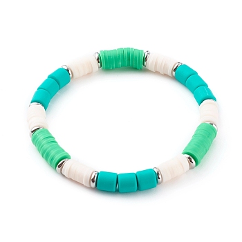 Handmade Polymer Clay Heishi Beaded Stretch Bracelets, with Brass Beads, Column, Platinum, Green, Inner Diameter: 2-1/8 inch(5.3cm)