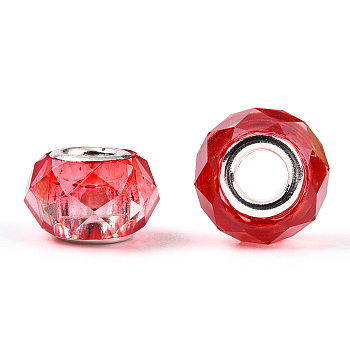 Transparent Resin European Beads, Imitation Crystal, Two-Tone Large Hole Beads, with Silver Tone Brass Double Cores, Faceted, Rondelle, Red, 14x8.5mm, Hole: 5mm