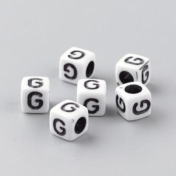 Opaque Acrylic Beads, Letter Style, Cube, Letter.G, 6x6x6mm, Hole: 3mm, about 3000pcs/500g