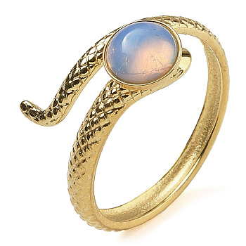 Opalite Finger Rings, Snake 304 Stainless Steel Open Cuff Rings, Real 18K Gold Plated, Inner Diameter: 17mm