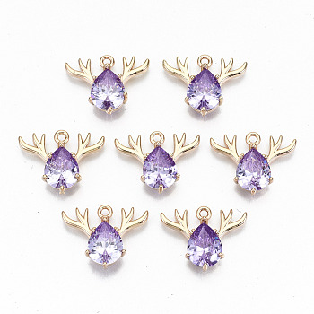 Brass Glass Rhinestone Pendants, Long-Lasting Plated, Cadmium Free & Lead Free, Christmas Reindeer/Stag, for Christmas, Light Gold, Violet, 15x20x5mm, Hole: 1.5mm