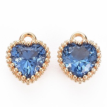 Brass Micro Pave Cubic Zirconia Charms, Nickel Free, Real 18K Gold Plated, Faceted Heart, Dodger Blue, 8x6x3.5mm, Hole: 1mm