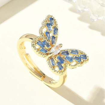 Adjustable Brass Butterfly Finger Rings with Light Blue Cubic Zirconia, Long-Lasting Plated, Golden, Butterfly: 14x19mm, Inner Diameter: 17mm