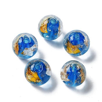 Handmade Lampwork Bead, with Gold Foil, Round, Dodger Blue, 11.5~12x11~11.5mm, Hole: 1.8~2mm