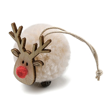 Christmas Themed Plush & Wood Deer Ball Pendant Decoration, Jute Rope Hanging Ornament, Antique White, 108mm