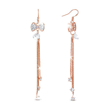SHEGRACE Brass Dangle Earrings, with Grade AAA Cubic Zirconia and Coreana Chains, Bowknot, Rose Gold, 91mm