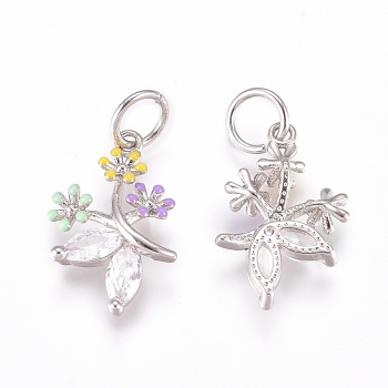 Brass Charms, with Micro Pave Cubic Zirconia, Enamel and Jump Rings, Flower, Colorful, Platinum, 15.5x10x3mm, Hole: 3.2mm