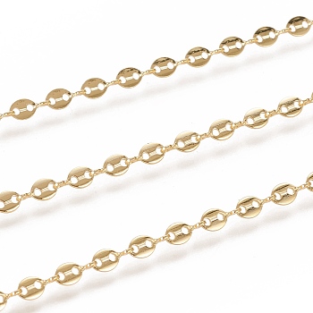 Brass Link Chains, Coffee Bean Chains, with Spool, Soldered, Long-Lasting Plated, Oval, Golden, 7x4x0.6mm, about 32.8 Feet(10m)/roll