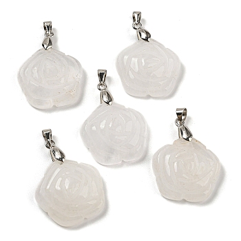 Natural Quartz Crystal Carved Pendants, Rock Crystal, Flower Charms with Rack Plating Platinum Plated Brass Pinch Bails, 30x22.5x7.5mm, Hole: 4.5x4mm