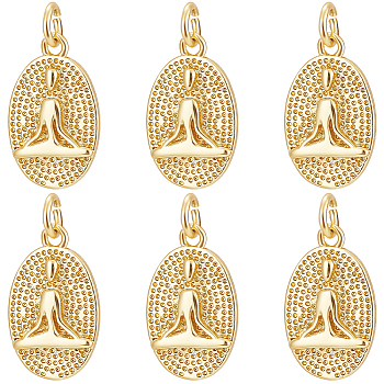 8Pcs Brass Pendants, with Jump Ring, Long-Lasting Plated, Textured, Oval with Yoga Human, Real 18K Gold Plated, 16x10x2mm, Hole: 3mm