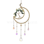 Natural Green Aventurine & New Jade & Malachite & Glass & Iron Tree of Life Suncatchers, Moon Decorative Hanging Crystal Prism for Window & Garden, Golden, 345mm(HJEW-TA00483)