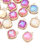 15Pcs Square K9 Glass Charms, Faceted, with Light Gold Tone Brass Edge, Mixed Color, 15x12x4.5mm, Hole: 1.8mm(GLAA-YW0004-61)