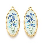 Printed Style 304 Stainless Steel Oval with Flower Pattern Pendants, Ion Plating(IP), Real 18K Gold Plated, Light Cyan, 33.5x14x2.5mm, Hole: 1.8mm(STAS-T071-27A-G)