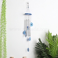 Aluminum Tube Wind Chimes, Evil Eye Pendant Decorations, with Wooden Board & Iron Finding, Deep Sky Blue, 600mm(WICH-PW0001-76)