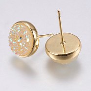 Druzy Resin Earrings, with Brass Finding, Flat Round, Beige, 9.5x16~16.5mm, Pin: 0.8mm(X-KK-E724-S-07G)